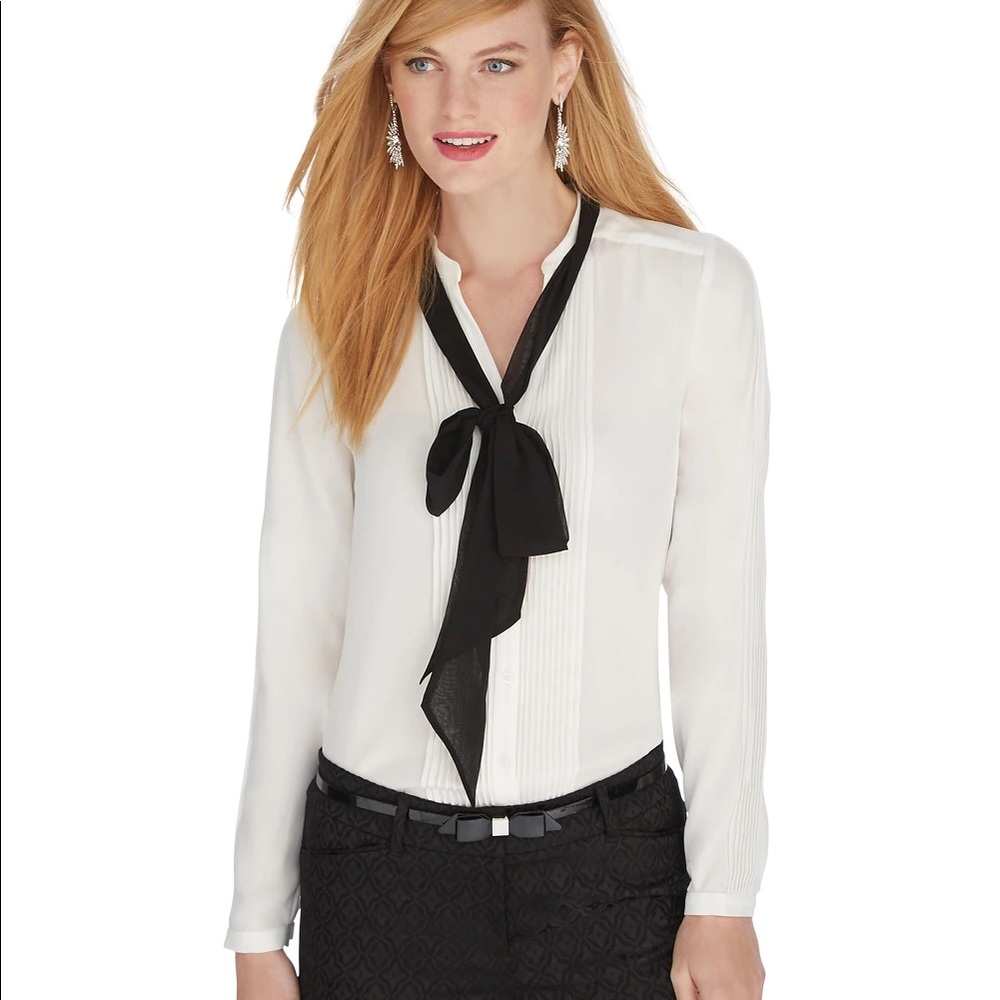 NWOT Iconic Artist Long Sleeve Blouse - white silk blouse with black bow